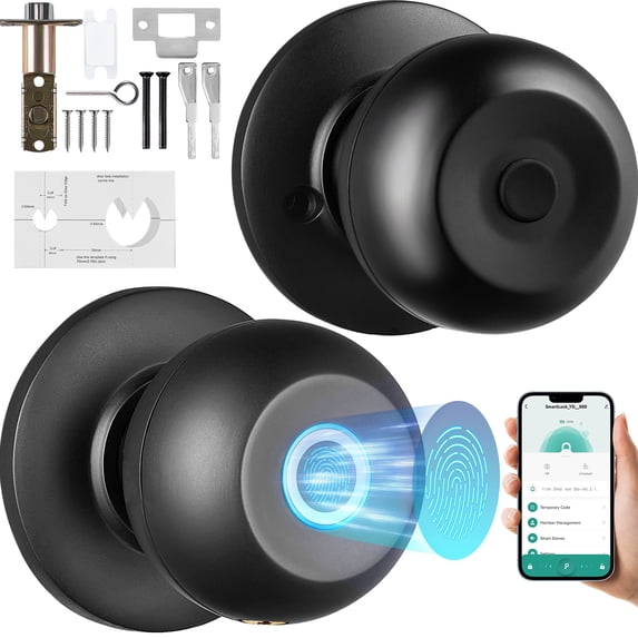 VEVOR Smart Door Knob, Biometric Door Lock Bluetooth Smart Lock, Fingerprint Smart Lock with APP Control, Easy Installation Door Lock,for Home Bedrooms, Cloakroom,Hotels,Apartments Offices,Black
