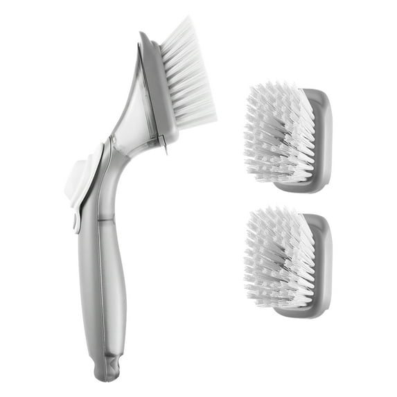 VEVOR Soap Dispensing Dish Brush, Kitchen Scrub Brushes with 3 Brush Heads, Dish Cleaning Brushes with PP Handle and Curved Bristles, Ideal for Pots, Pans, Sink and Stove