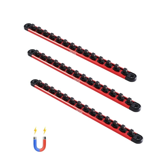 VEVOR Socket Organizer Rail Set, 3PCS Metric & SAE Aluminum Socket Organizers, 1/4'', 3/8'' & 1/2'' Heavy-Duty Socket Holder with 360° Rotating Clips for Tool Box, Hold up to 40 Sockets, Red & Black