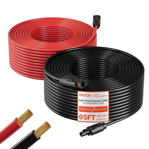 VEVOR Solar Panel Extension Cable, 65 ft Black + 65 ft Red, 10 AWG (6 mm²), Solar Panel Wire with Female and Male Connectors, IP67 Waterproof PV Tinned Copper Wire, for Outdoor Photovoltaic Systems