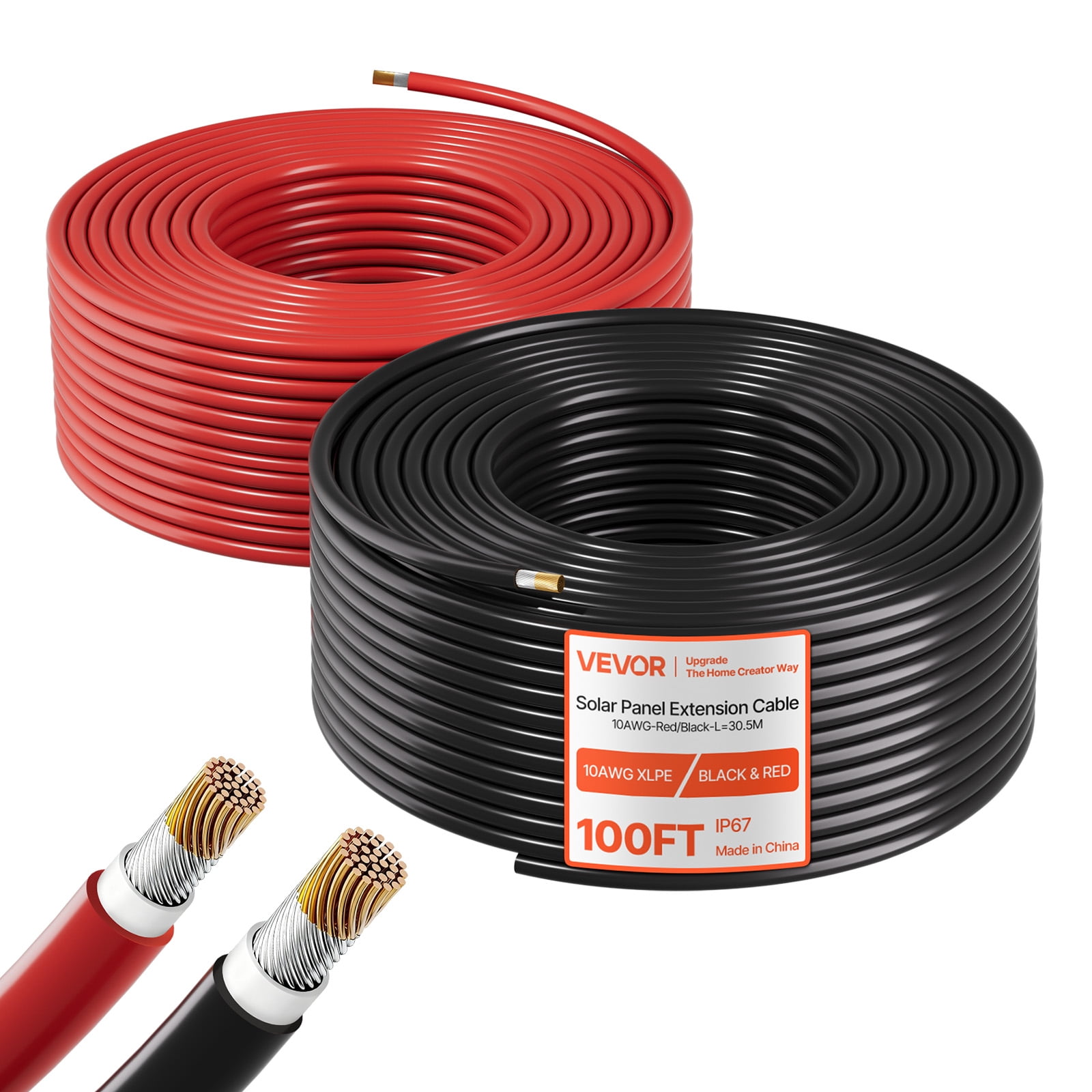VEVOR Solar Panel Wire, 100 ft Black + 100 ft Red Kit, 10 AWG (6 mm² ...
