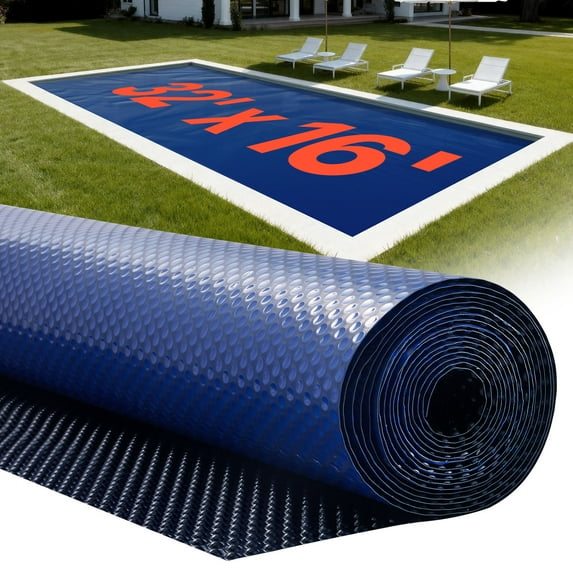 VEVOR Solar Pool Cover, 32 x 16 ft Pool Bubble Cover, 16 Mil Pools Solar Blanket with Dual Heat-Locking Air Layer for Pools, Daytime Heat Absorption, Nighttime Heat Retention, Blue & Black, Cuttable