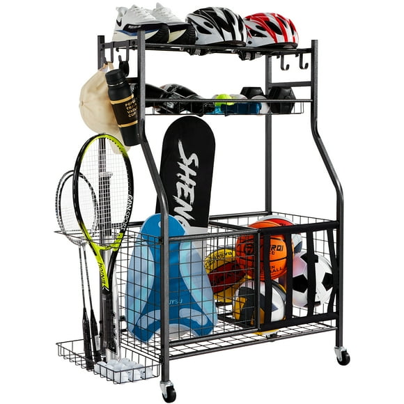 VEVOR Sports Equipment Garage Organizer, Rolling Ball Storage Cart on Wheels, Basketball Rack with Baskets & Hooks,Indoor/Outdoor Sports Gear and Toys Storage,Steel Sports Equipment Organizer,Black