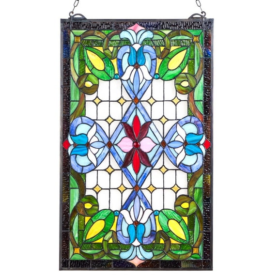 VEVOR Stained Glass Window Panel, 17 x 29 in, Tiffany Style Hanging Transom Window Panel with Chain, Large Vertical Rectangle Stain Glass, Vintage Traditional Art Handcrafts for Kitchen Home Decor