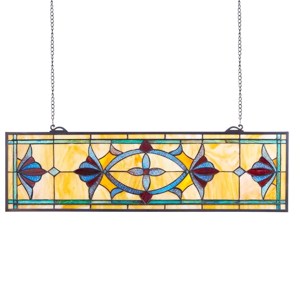 VEVOR Stained Glass Window Panel, 32 x 10 in,Tiffany Style Hanging Transom Window Panel with Chain,Large Horizontal Rectangle Stain Glass,Vintage Traditional Art Handcrafts for Kitchen Home Decor
