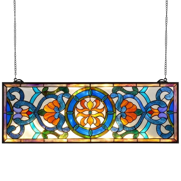 VEVOR Stained Glass Window Panel, 35.1" x 12.9" Tiffany Style Hanging Transom Window Panel with Chain, Large Horizontal Rectangle Stain Glass,Vintage Traditional Art Handcrafts for Kitchen Home Decor