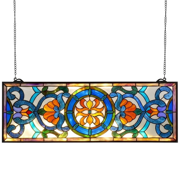VEVOR Stained Glass Window Panel, 35.1" x 12.9" Tiffany Style Hanging Transom Window Panel with Chain, Large Horizontal Rectangle Stain Glass,Vintage Traditional Art Handcrafts for Kitchen Home Decor