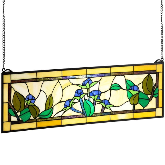 VEVOR Stained Glass Window Panel, 35.2" x 13.1" Tiffany Style Hanging Transom Window Panel with Chain, Large Horizontal Rectangle Stain Glass, Vintage Traditional Art Handcrafts for Kitchen Home Deco