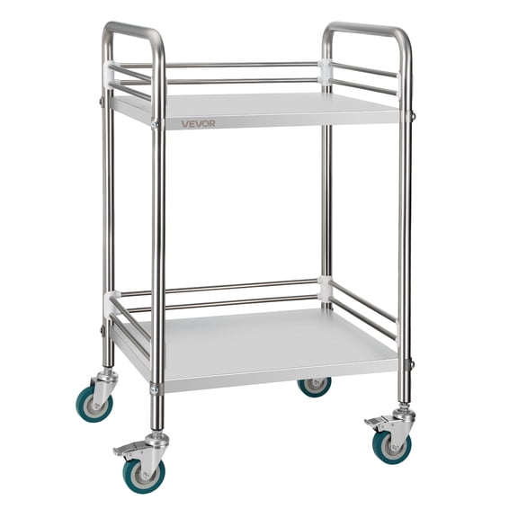 VEVOR Stainless Steel Cart, 2-Tier Rolling Lab Utility Cart with Lockable Wheels, Medical Serving Trolley Clinic Tray, Heavy Duty Mobile Service Storage Tray for Hospital, Restaurant, Kitchen, Salon