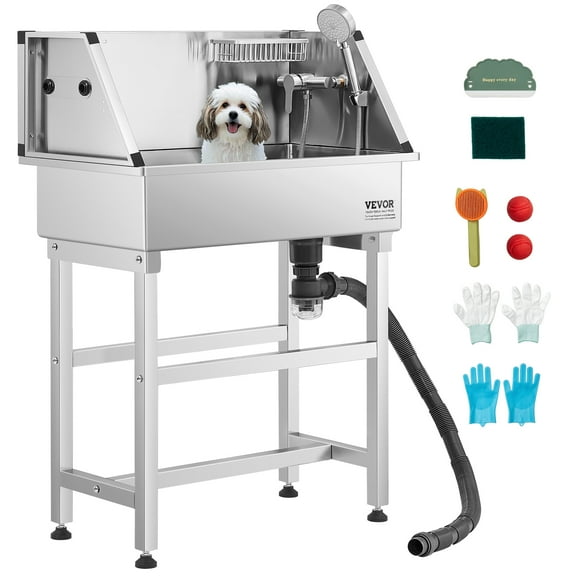 VEVOR Stainless Steel Dog Washing Station, 34 inch Pet Grooming Tub w/ Faucet & Showerhead & Soap Holder & Play Balls Simple Dog Bathtub for Multiple Pets, Home Washing Sink