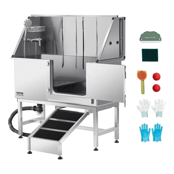 VEVOR Stainless Steel Dog Washing Station, 50 inch Pet Grooming Tub w/ Ramp, PE Water Filter Board, Faucet & Showerhead & Soap Holder Dog Bathtub for Large & Medium & Small Pets (Right Door)