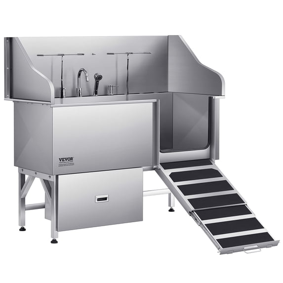 VEVOR Stainless Steel Dog Washing Station, 61 inch Pet Grooming Tub w/ Ramp, Water Filter Board, Faucet & Showerhead & Leash Dog Bathtub for Large & Medium & Small Pets (Right Door)