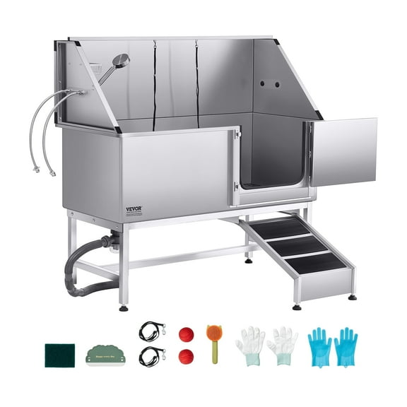 VEVOR 62" Stainless Steel Dog Wash Station w/Ramp, PE Board, Faucet & Shower - Pet Grooming Tub (Right Door)