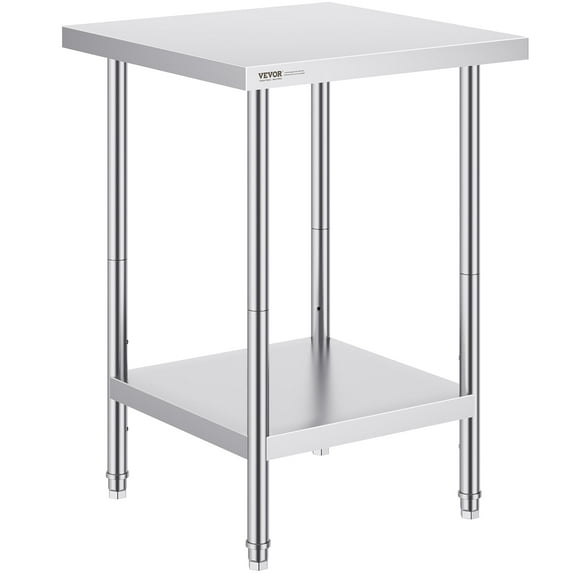 VEVOR Stainless Steel Prep Table,24 x 24 x 34 Inch,700 lbs Load Capacity, Heavy Duty Metal Worktable with 3 Adjustable Height Levels,Commercial Workstation for Kitchen Garage Restaurant Backyard