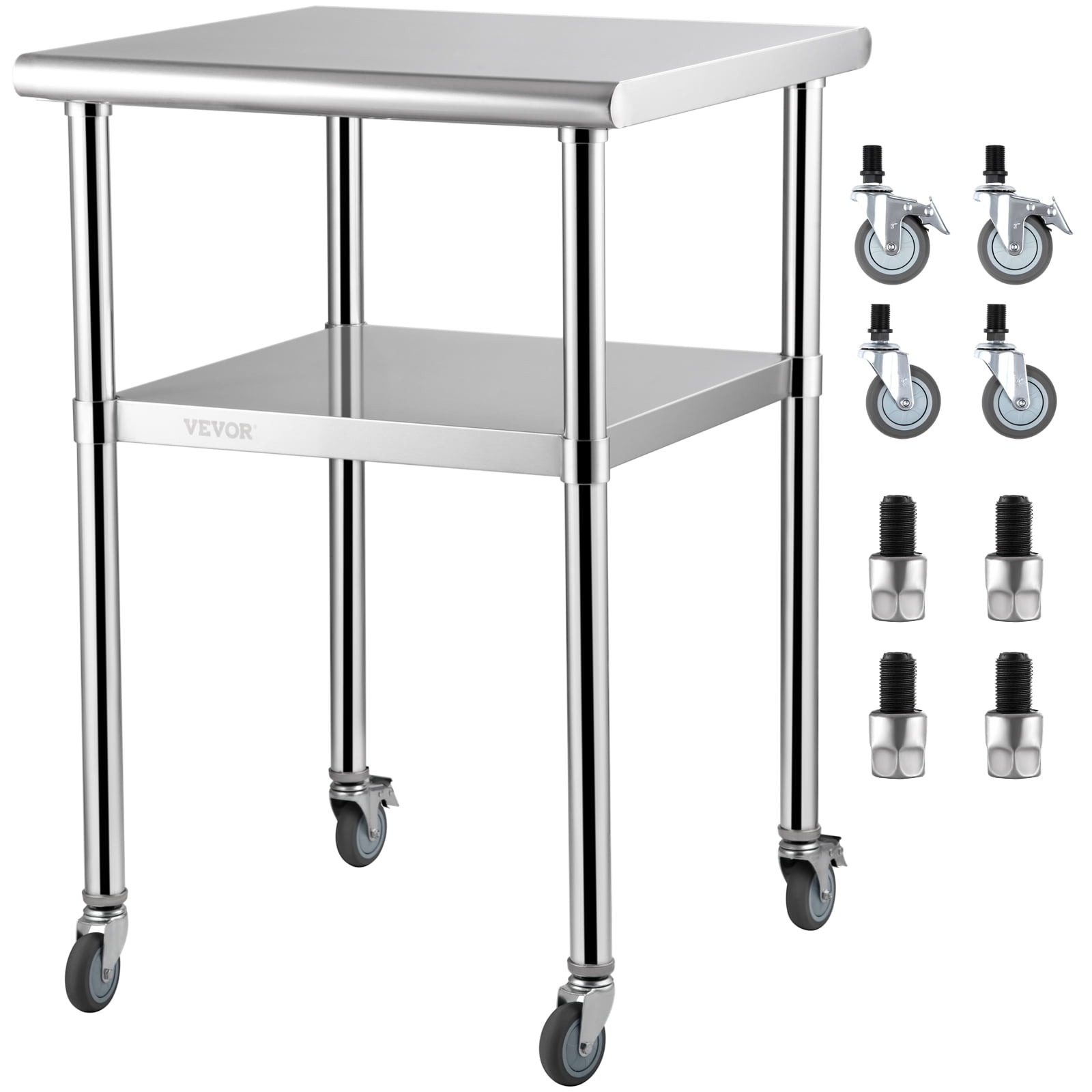 VEVOR Stainless Steel Prep Table, Heavy Duty Metal Worktable with Adjustable Undershelf & Universal Wheels, 600lbs Load Capacity, 24 x 24 x 36 inch
