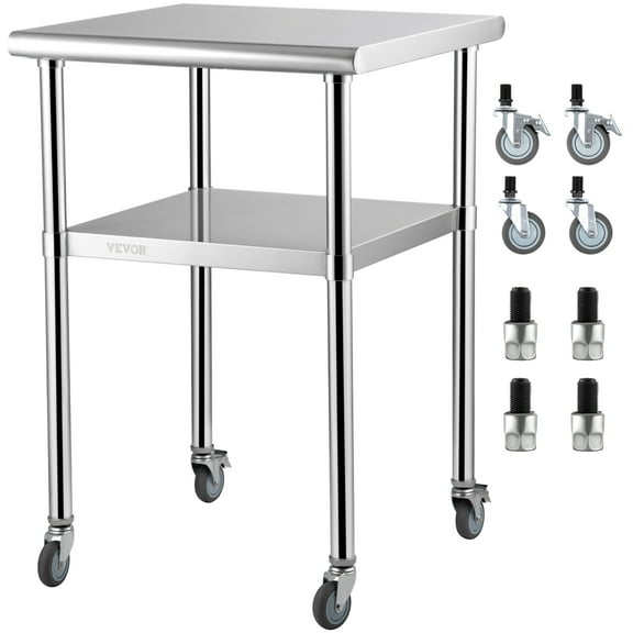 VEVOR Stainless Steel Prep Table, 24 x 24 x 36 inch, 600lbs Load Capacity Heavy Duty Metal Worktable with Adjustable Undershelf & Universal Wheels, Commercial Workstation for Kitchen Garage Backyard
