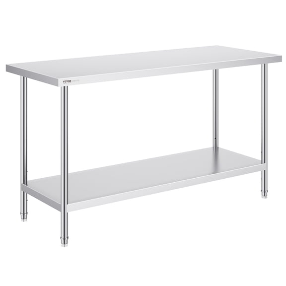 VEVOR Stainless Steel Prep Table, 24 x 60 x 34 Inch, 840 lbs Load Capacity, Heavy Duty Metal Worktable with 3 Adjustable Height Levels, Commercial Workstation for Kitchen Garage Restaurant Backyard