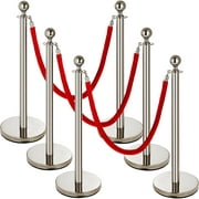 VEVOR Stainless Steel Stanchion Post Queue 6pcs, Crowd Control Red Velvet Rope 38inch, Silver Crowd Control Barriers Queue Line