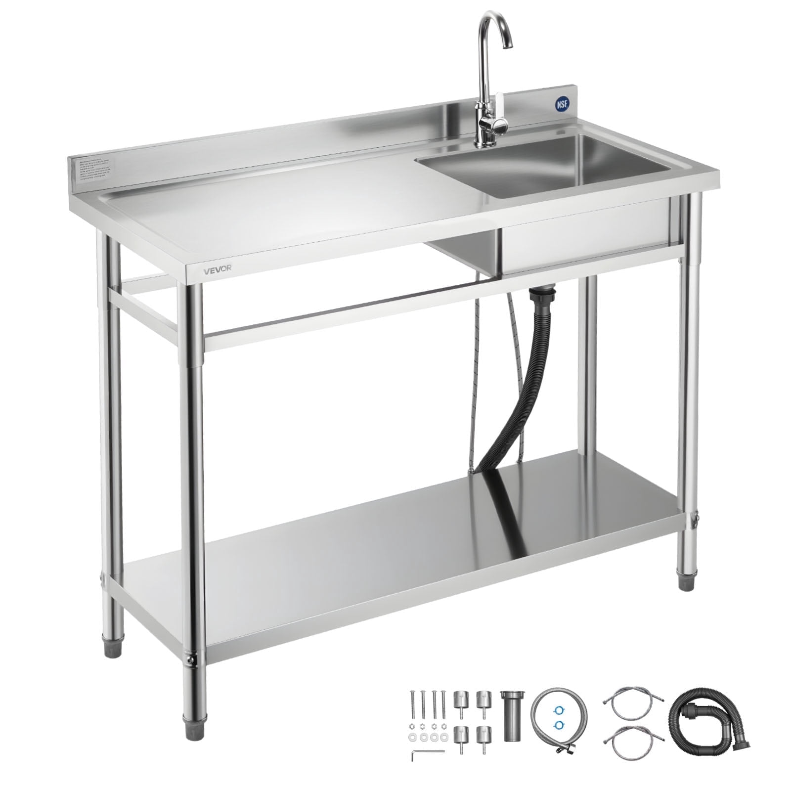VEVOR Stainless Steel Utility Sink, Free Standing Single Bowl Commercial Kitchen Sink with Faucet, Utility Left Basin Workbench with Hot & Cold Water Pipe for Garage Restaurant Laundry, 47x19.7x37 in