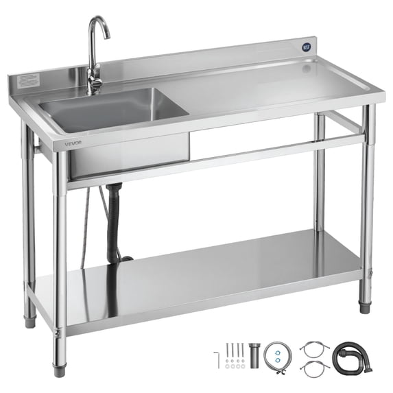 VEVOR Stainless Steel Utility Sink, Free Standing Single Bowl Commercial Kitchen Sink with Faucet, Utility Right Basin Workbench with Hot & Cold Water Pipe for Garage Restaurant Laundry,47x19.7x37 in