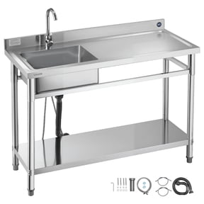 VEVOR Stainless Steel Utility Sink, Free Standing Single Bowl Commercial Kitchen Sink with Faucet, Utility Right Basin Workbench with Hot & Cold Water Pipe for Garage Restaurant Laundry,47x19.7x37 in
