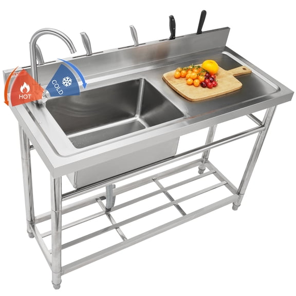 VEVOR Stainless Steel Utility Sink, Free Standing Single Bowl Commercial Kitchen Sink Set w/Workbench, 47 x 19.7 x 37.4 in Commercial Single Bowl Sinks for Garage, Restaurant, Laundry