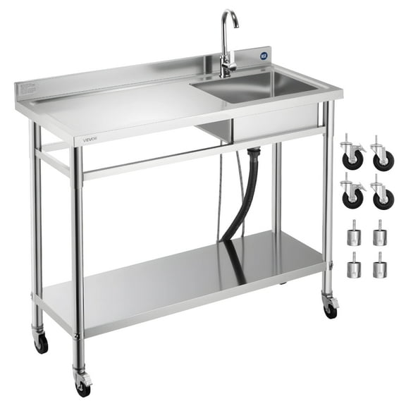 VEVOR Stainless Steel Utility Sink,Rolling Single Bowl Commercial Kitchen Sink with Wheels,Faucet and Hot & Cold Water Pipe,Utility Basin Workbench for Garage Restaurant Laundry 47.2 x 19.7 x 41.5 in