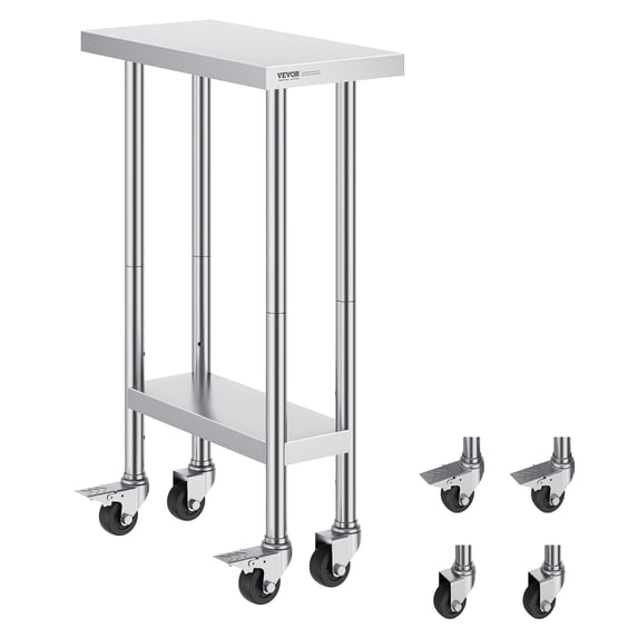 VEVOR Stainless Steel Work Table 24 x 12 x 38 Inch, 500 LBS Load Capacity with 4 Wheels, 3 Adjustable Height Levels, Heavy Duty Food Prep Worktable for Commercial Kitchen Restaurant, Silver