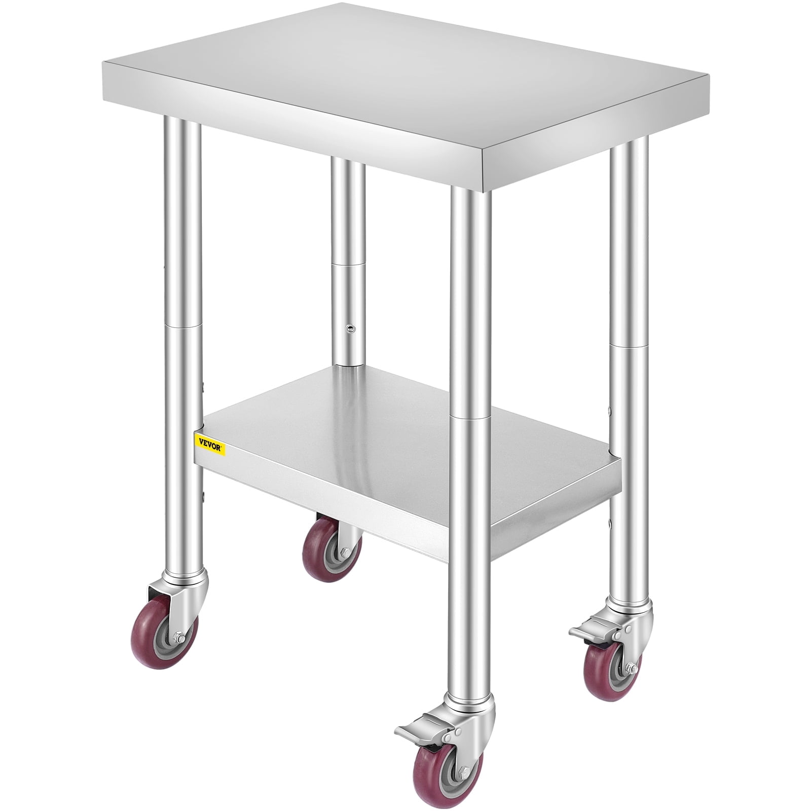 VEVOR Stainless Steel Work Table 24 x 18 x 34 Inch, 700 LBS Load Capacity with 4 Wheels, 3 Adjustable Height Levels, Heavy Duty Food Prep Worktable for Commercial Kitchen Restaurant, Silver