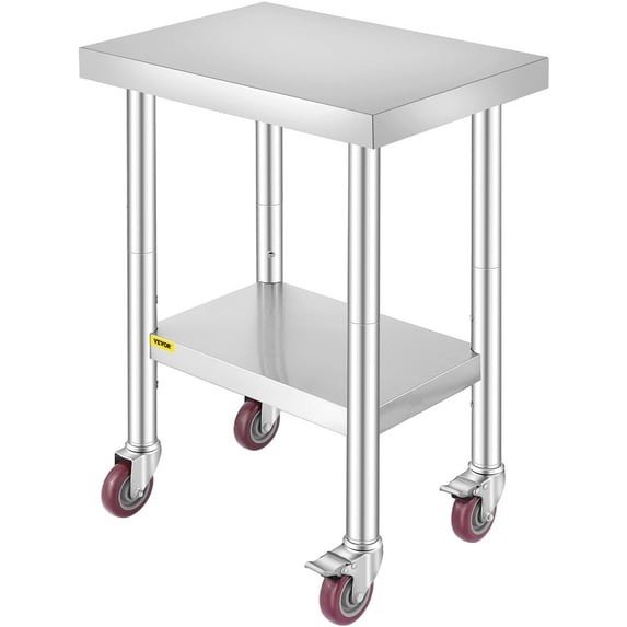 VEVOR Stainless Steel Work Table 24 x 18 x 34 Inch, 700 LBS Load Capacity with 4 Wheels, 3 Adjustable Height Levels, Heavy Duty Food Prep Worktable for Commercial Kitchen Restaurant, Silver