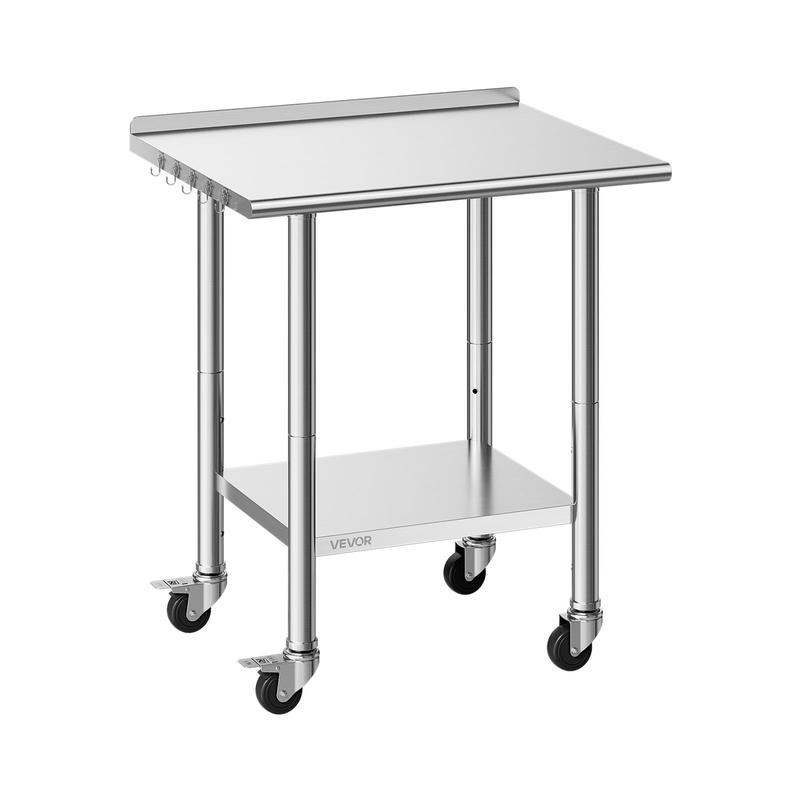 VEVOR Stainless Steel Work Table, 24x30 inch Food Prep Table with Wheels and Backsplash, Commercial Kitchen Workstation with Adjustable Undershelf, Metal Utility Worktable, for Restaurant Home