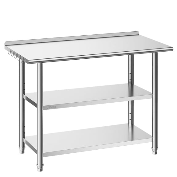 VEVOR Stainless Steel Work Table, 24x48 Inch Food Prep Table with 2 Shelves and Backsplash, Commercial Kitchen Workstation, Metal Heavy Duty Utility Worktable, for Restaurant Home Hotel Garage