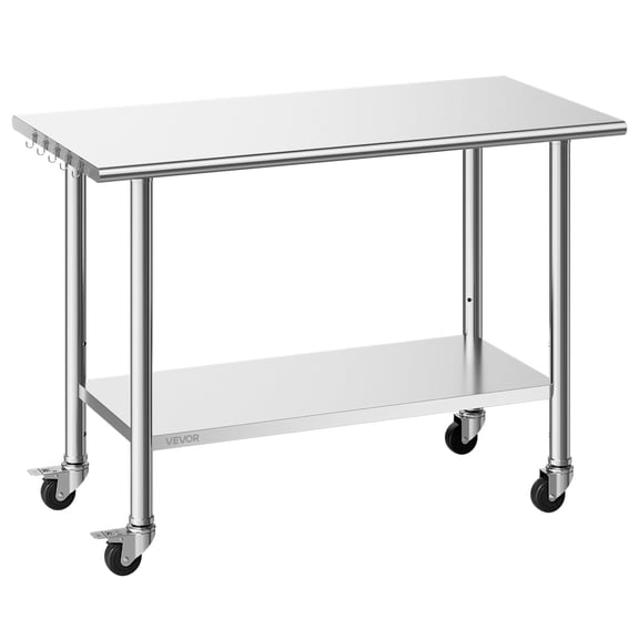 VEVOR Stainless Steel Work Table, 24x48 inch Food Prep Table with Wheels and Backsplash, Commercial Kitchen Workstation with Adjustable Undershelf, Metal Utility Worktable, for Restaurant Home