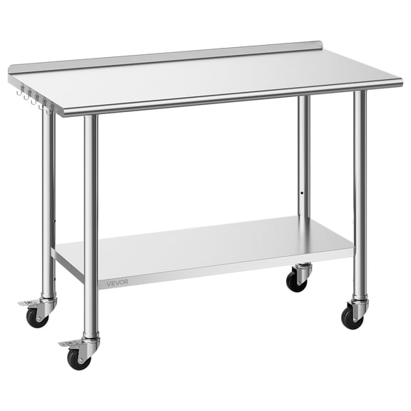 VEVOR Stainless Steel Work Table, 24x48 inch Food Prep Table with Wheels, Commercial Kitchen Workstation with Adjustable Undershelf, Metal Heavy Duty Utility Worktable, for Restaurant Home Outdoor
