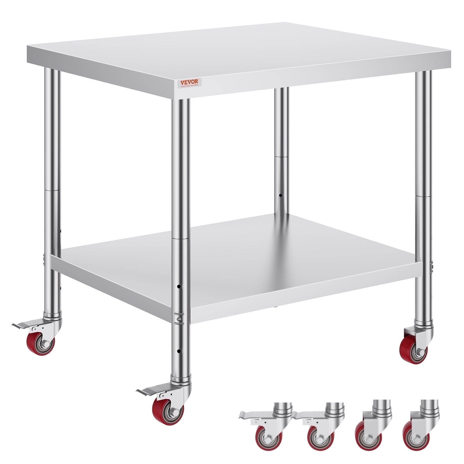 VEVOR Stainless Steel Work Table 36 x 30 x 34 Inch, 400 LBS Load Capacity with 4 Wheels, 3 Adjustable Height Levels, Heavy Duty Food Prep Worktable for Commercial Kitchen Restaurant, Silver