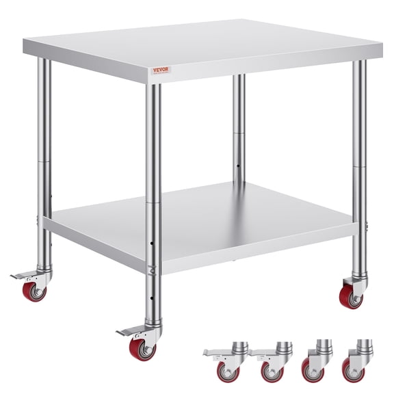 VEVOR Stainless Steel Work Table 36 x 30 x 34 Inch, 400 LBS Load Capacity with 4 Wheels, 3 Adjustable Height Levels, Heavy Duty Food Prep Worktable for Commercial Kitchen Restaurant, Silver