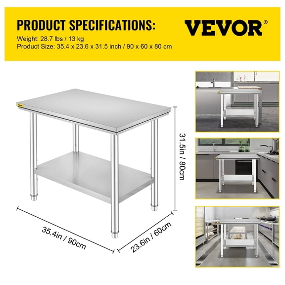 VEVOR Stainless Steel Work Table Commercial Kitchen Prep & Work Table Heavy Duty Worktable with Adjustable Feet 48x24x34Inch