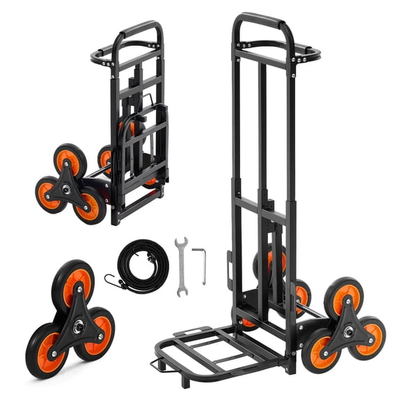 VEVOR Stair Climbing Cart, 220 lbs Stair-Climbing Capacity, Heavy-Duty Folding Trolley Cart with Telescoping Handle, 6 Wheels and 2 Bungee Cords, Stair Climber Dolly for Home, Groceries, Warehouse