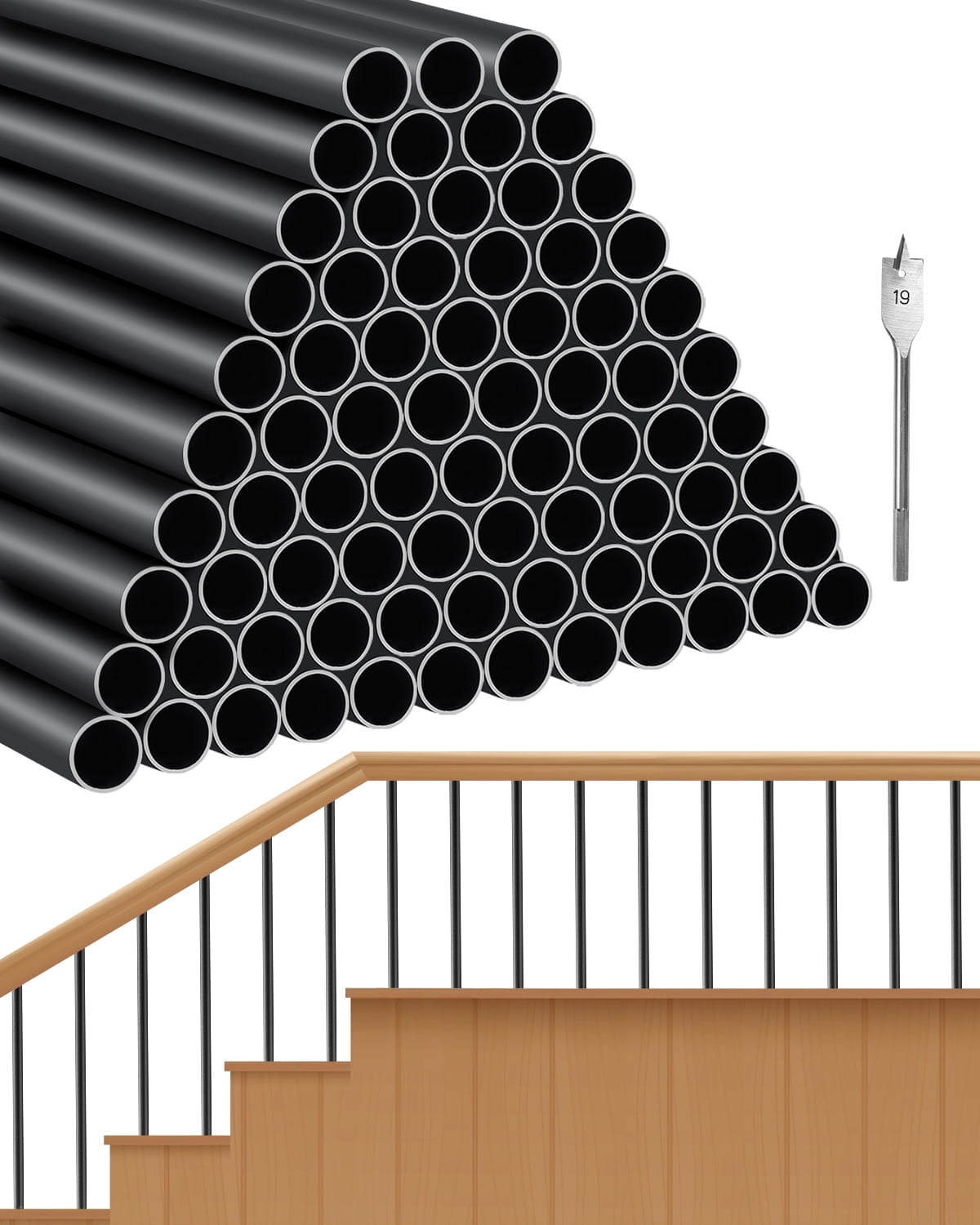 VEVOR Staircase Balusters 101 pack, 26 In Aluminum Stair Balusters, 3/4 In Rainwater-Proof Round Metal Spindle Railing, Durable Hollow Deck Railing with #19 Drill Bit for Stairs, Porch, Patio, Black
