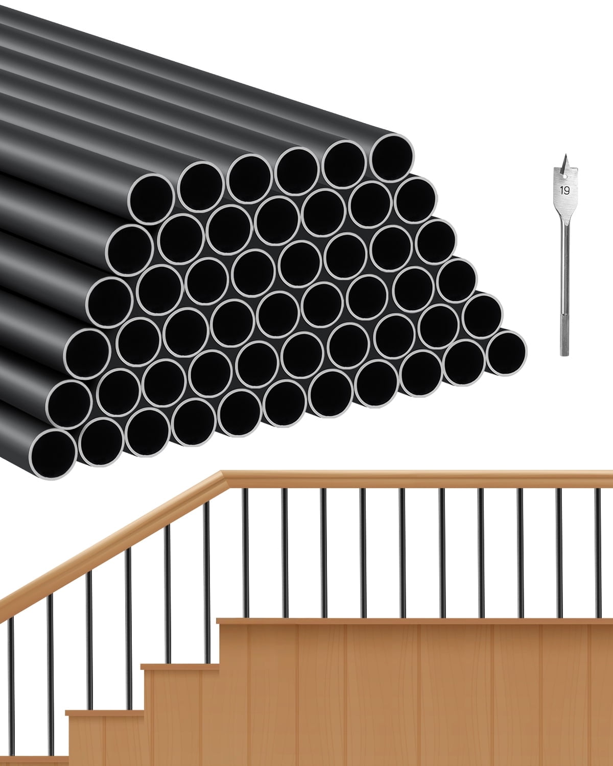 VEVOR Staircase Balusters 51 pack, 32 In Aluminum Stair Balusters, 3/4 In Rainwater-Proof Round Metal Spindle Railing, Durable Hollow Deck Railing with #19 Drill Bit for Stairs, Porch, Patio, Black