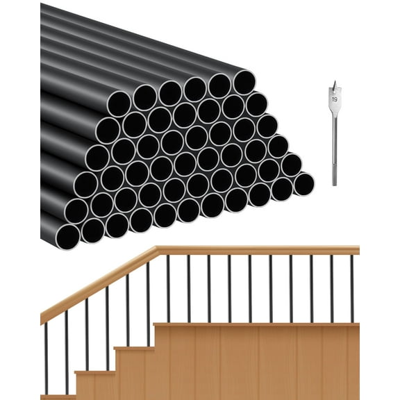 VEVOR Staircase Balusters 51 pack, 32 In Aluminum Stair Balusters, 3/4 In Rainwater-Proof Round Metal Spindle Railing, Durable Hollow Deck Railing with #19 Drill Bit for Stairs, Porch, Patio, Black