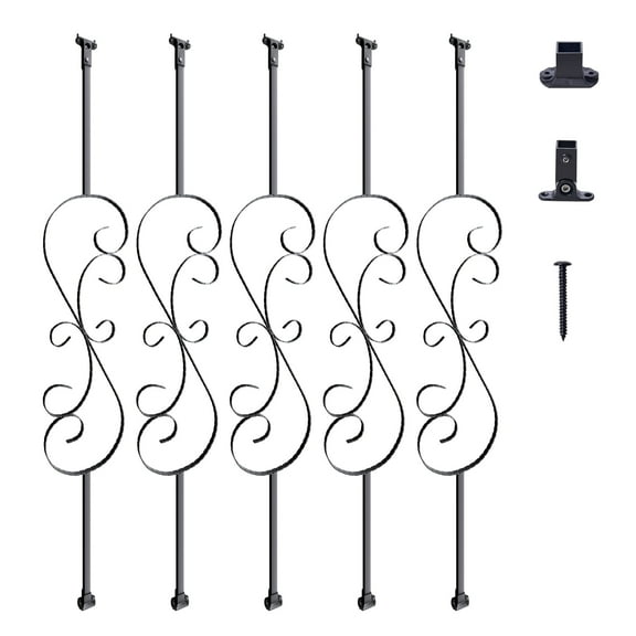 VEVOR Staircase Metal Balusters, 44'' x 1/2" Galvanized Steel Decorative Banister Spindles, 5 pack S Shape Deck Baluster, Hollow Satin Black Spiral Stair Railing with Shoes & Screws
