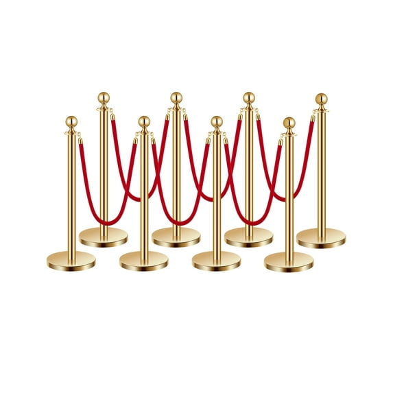 VEVOR Stanchions and Velvet Ropes 8Pcs, Hollow Base with Stainless Steel Post, 6 Red Velvet Ropes and Posts, Crowd Control Barriers Gold Stanchions, Red Carpet Runner Poles for Party Supplies