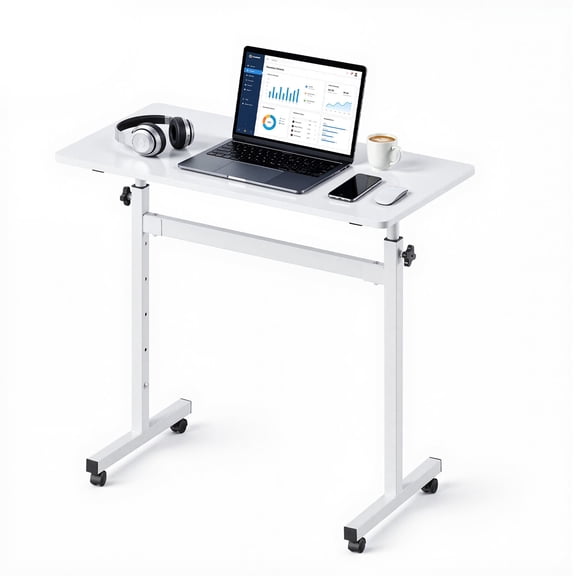 VEVOR Standing Desk, Adjustable Height Mobile Stand Up Desk with Lockable Casters, 32 x 16 in Small Computer Sit Stand Rolling Workstation with Hook, 55.1 lbs Desktop Capacity, for Home Office, White