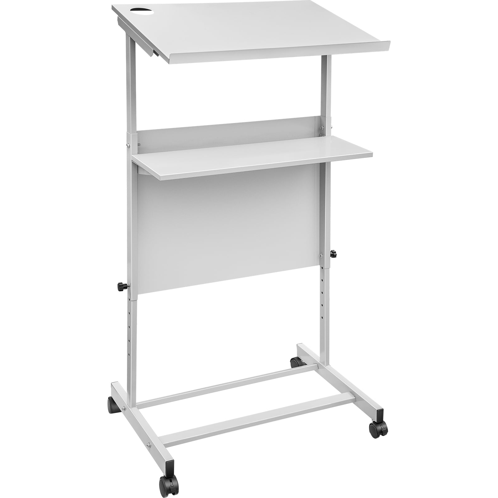 Adjustable White Steel Standing Lectern with Storage Shelves
