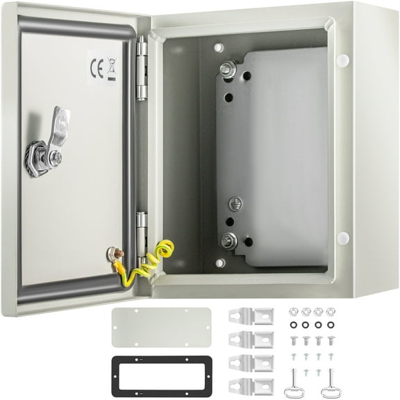 VEVOR Steel Electrical Box 10"x 8"x 6" Electrical Enclosure Box, Carbon Steel Hinged Junction Box, IP65 Weatherproof Metal Box, Wall-Mounted Electronic Equipment Enclosure Box with Mounting Plate