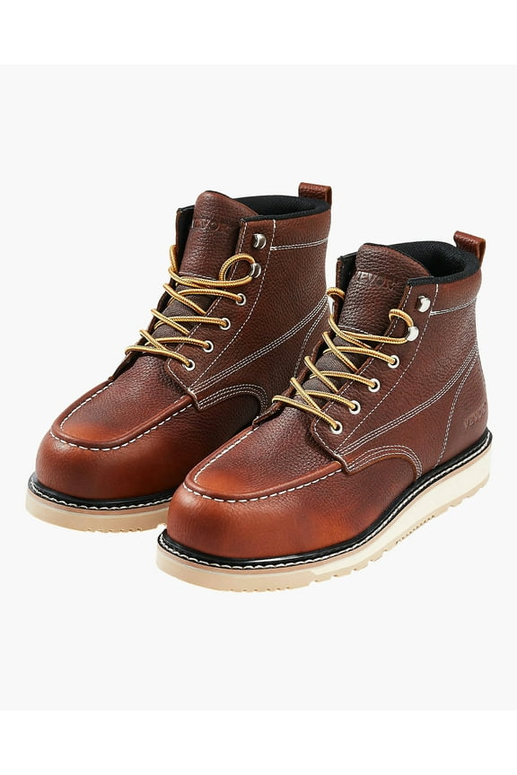 Steel Toe Work Boots, US Size 12, Waterproof Moc Toe Work Boots for Men, Slip-Resistant Work Boot, Lightweight and Breathable EVA Rubber Sole Mens Boots for Industry Construction, Brown