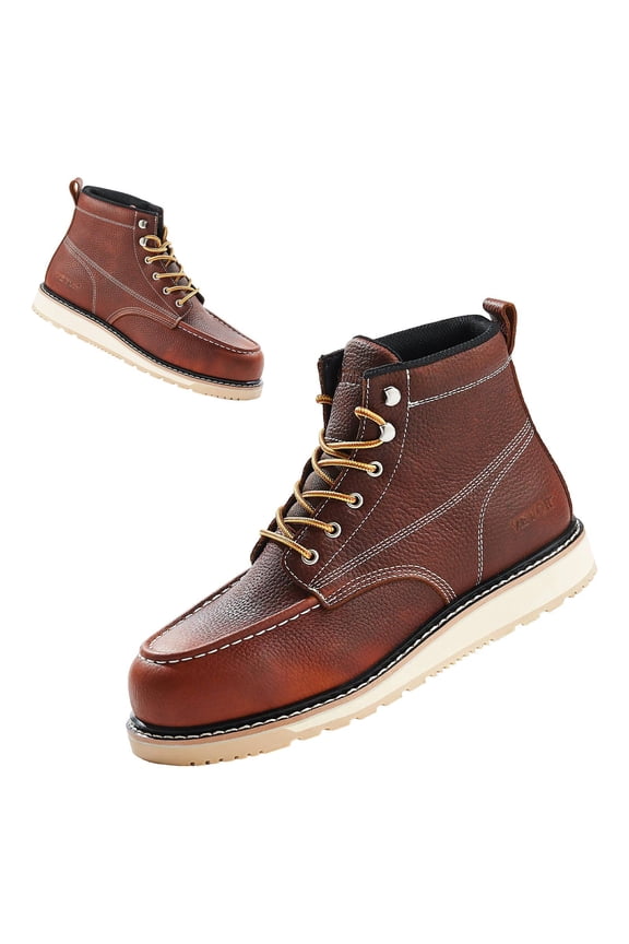 VEVOR Steel Toe Work Boots, US Size 8.5, Waterproof Moc Toe Work Boots for Men, Slip-Resistant Work Boot, Lightweight and Breathable EVA Rubber Sole Mens Boots for Industry Construction, Brown