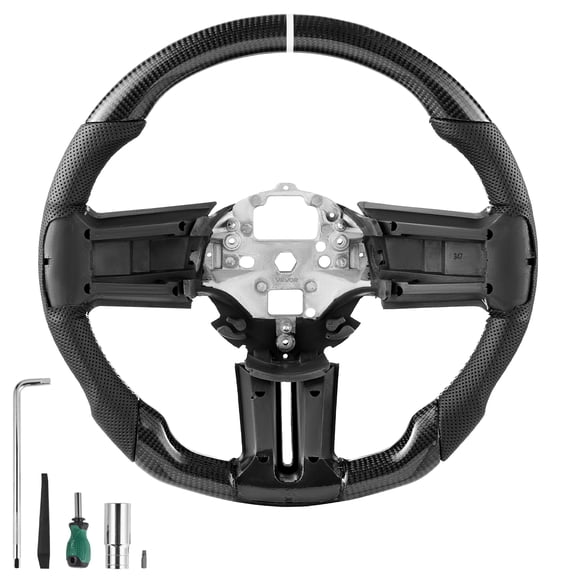 VEVOR Steering Wheel for 2010-2014 Ford Mustang, Carbon Fiber Steering Wheel D-Shaped Flat-Bottom, Leather Grip with Non-Slip Texture & Precise Stitching, Accessories Replacement for Mustang, Black
