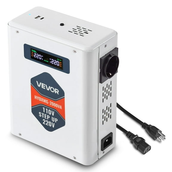 VEVOR Step Up Voltage Converter, 2000VA, Heavy Duty Voltage Power Converter, 110V to 220V Power Transformer, with 2 EU Outlets, USB Output, LCD Display, Temperature Protection, for 220V Appliances